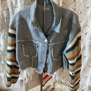 POL Light Blue Denim Jacket with Striped Sleeves